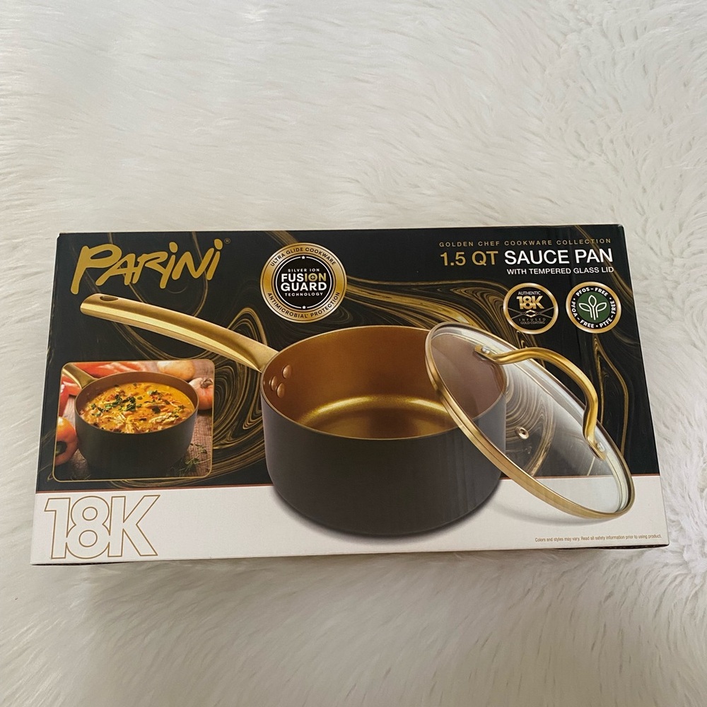 NIB-Parini Gold and Black 1.5 QT Sauce Pan with Tempered Glass Lid